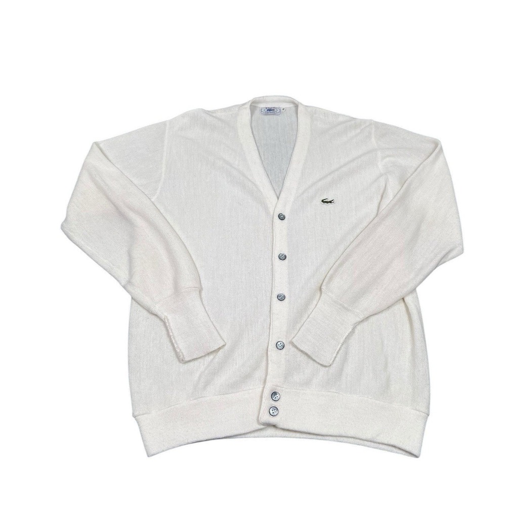 80s Vintage Izod Lacoste Ivory Men's Acrylic Cardigan Sweater Size XL